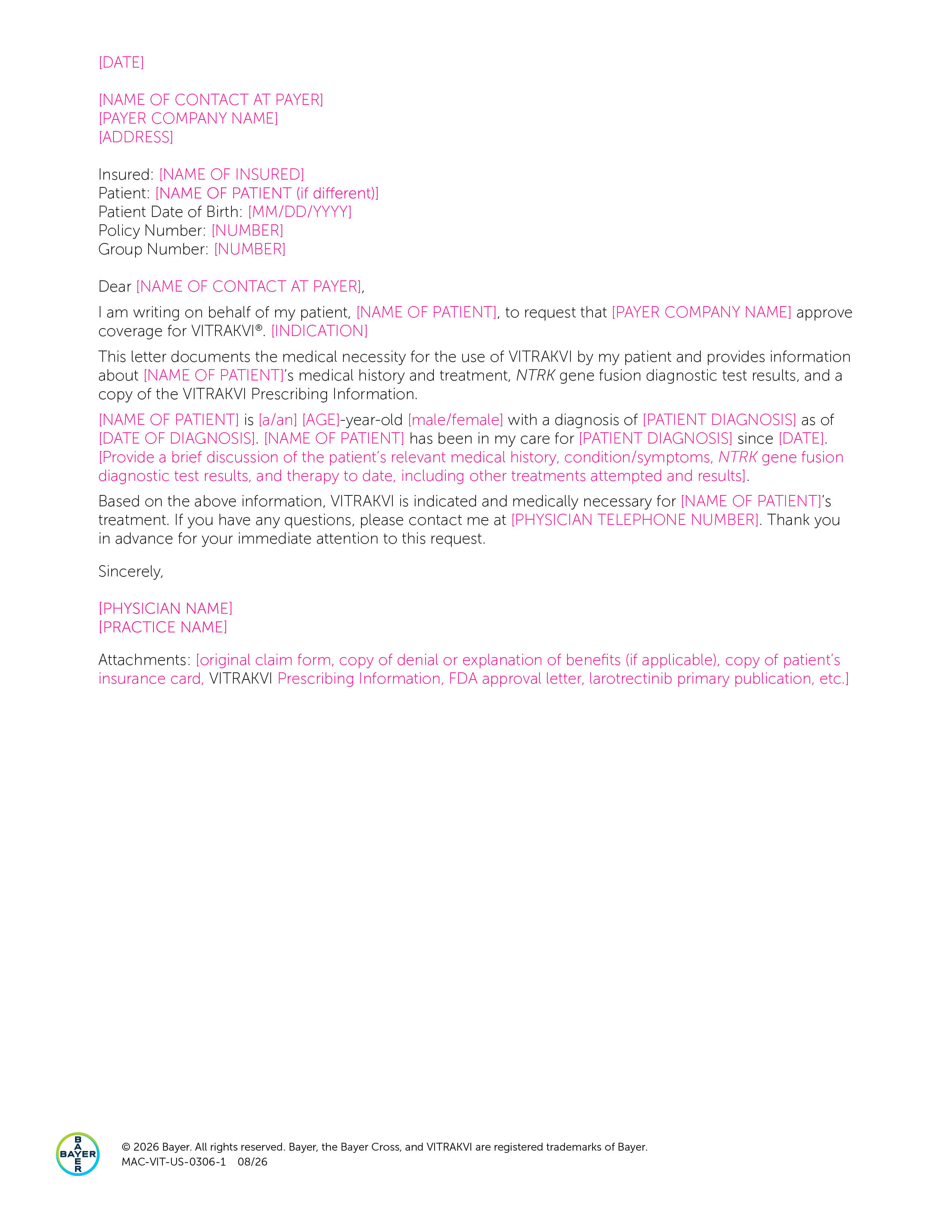 VITRAKVI® (larotrectinib) letter of medical necessity template